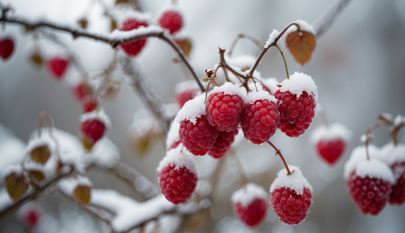 A bare raspberry bush stands in a snowy garden, surrounded by dormant plants. A few dried berries cling to the thorny branches, while the ground is covered in a blanket of white snow