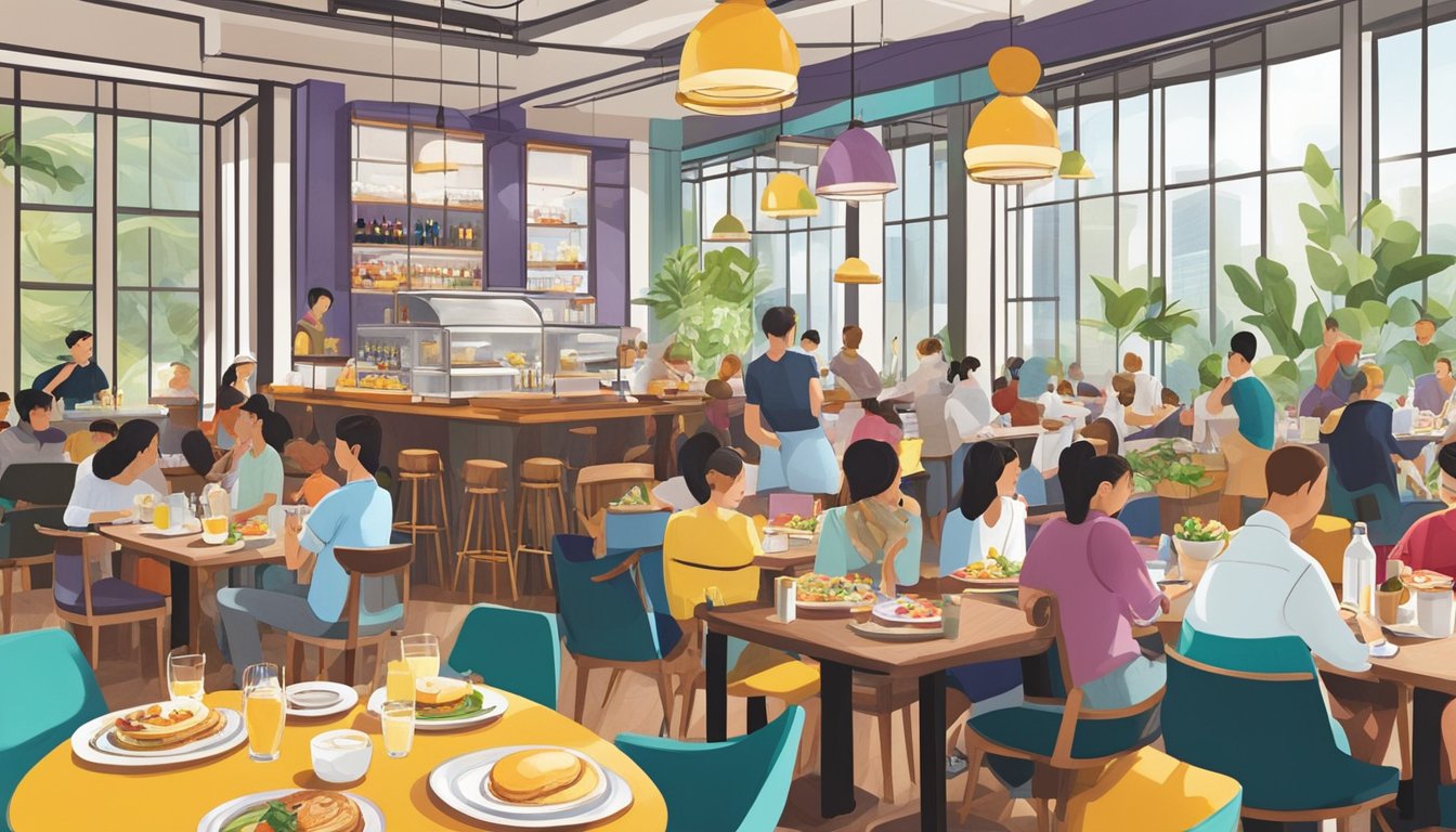A bustling brunch restaurant in Singapore, filled with vibrant colors and aromas. Tables adorned with an array of delectable dishes, from fluffy pancakes to savory eggs benedict. The air is filled with the sound of clinking glasses and lively chatter