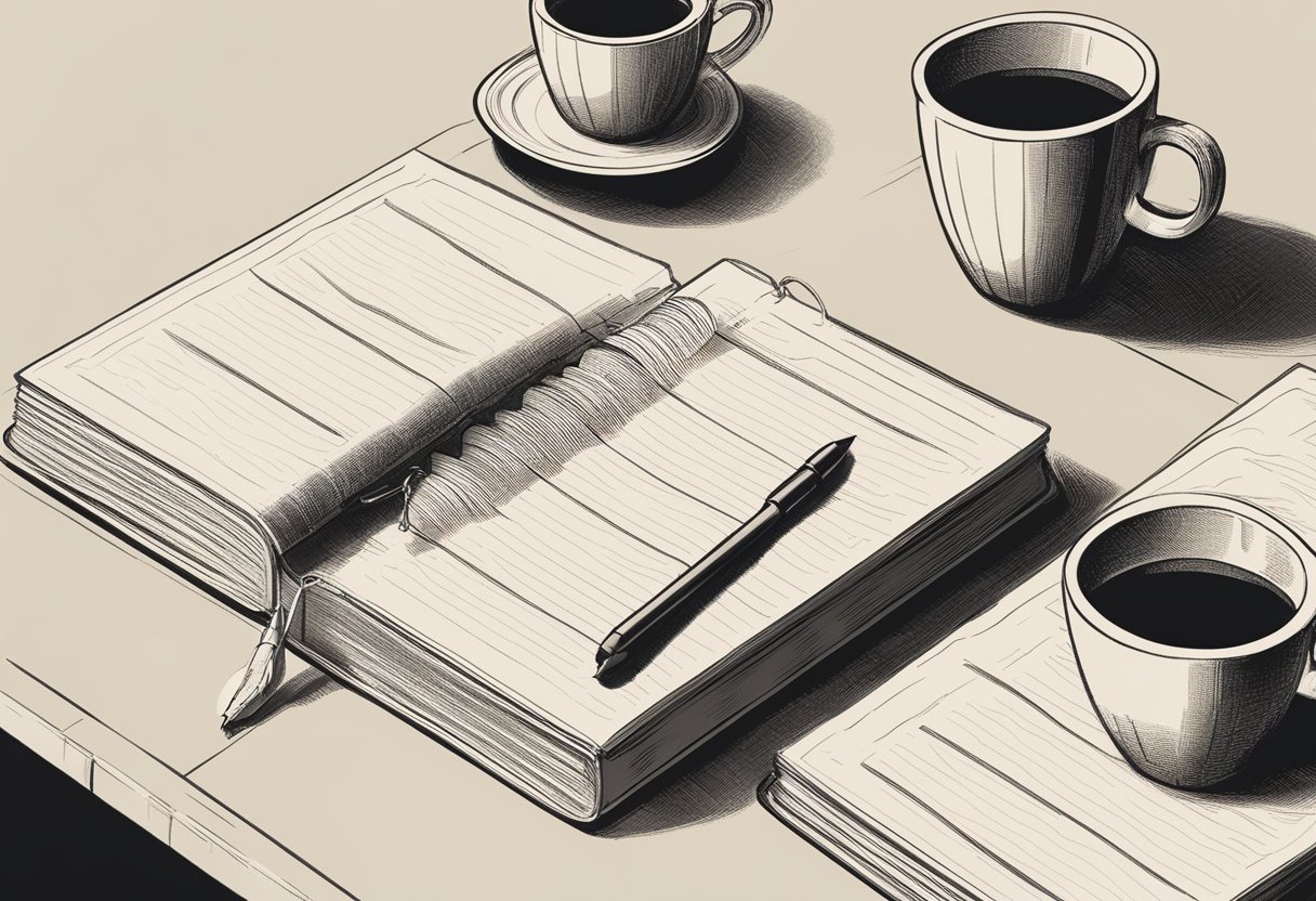 A table covered in baby name books, with a notebook and pen for jotting down ideas. A cup of coffee sits nearby as the person ponders over the list of least used names