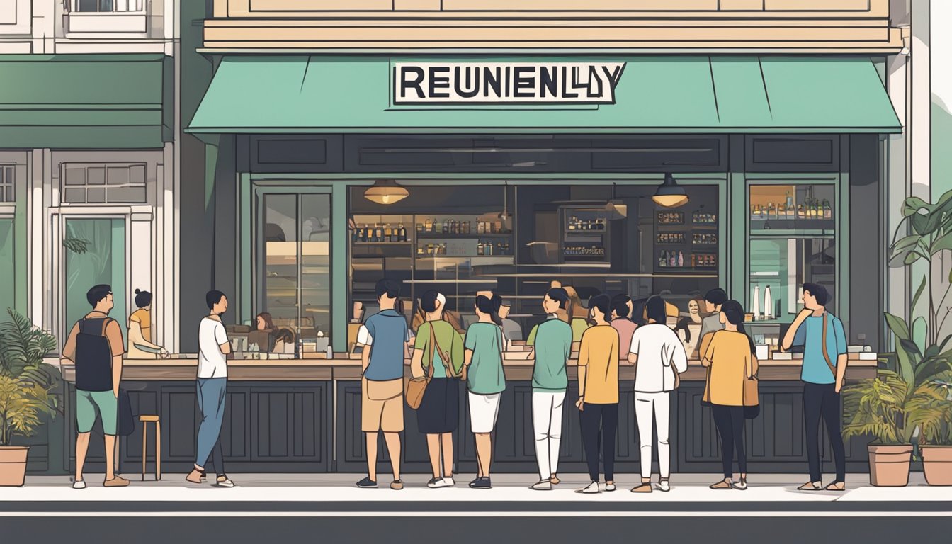 Customers line up outside a modern brunch restaurant in Singapore. A sign reads "Frequently Asked Questions" in bold letters. The sun shines on the bustling street