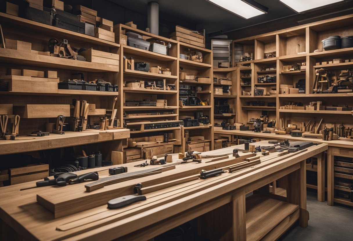 A bustling carpenter shop in Singapore, with various tools and wood materials neatly organized on shelves. Customers inquire about services at the front desk
