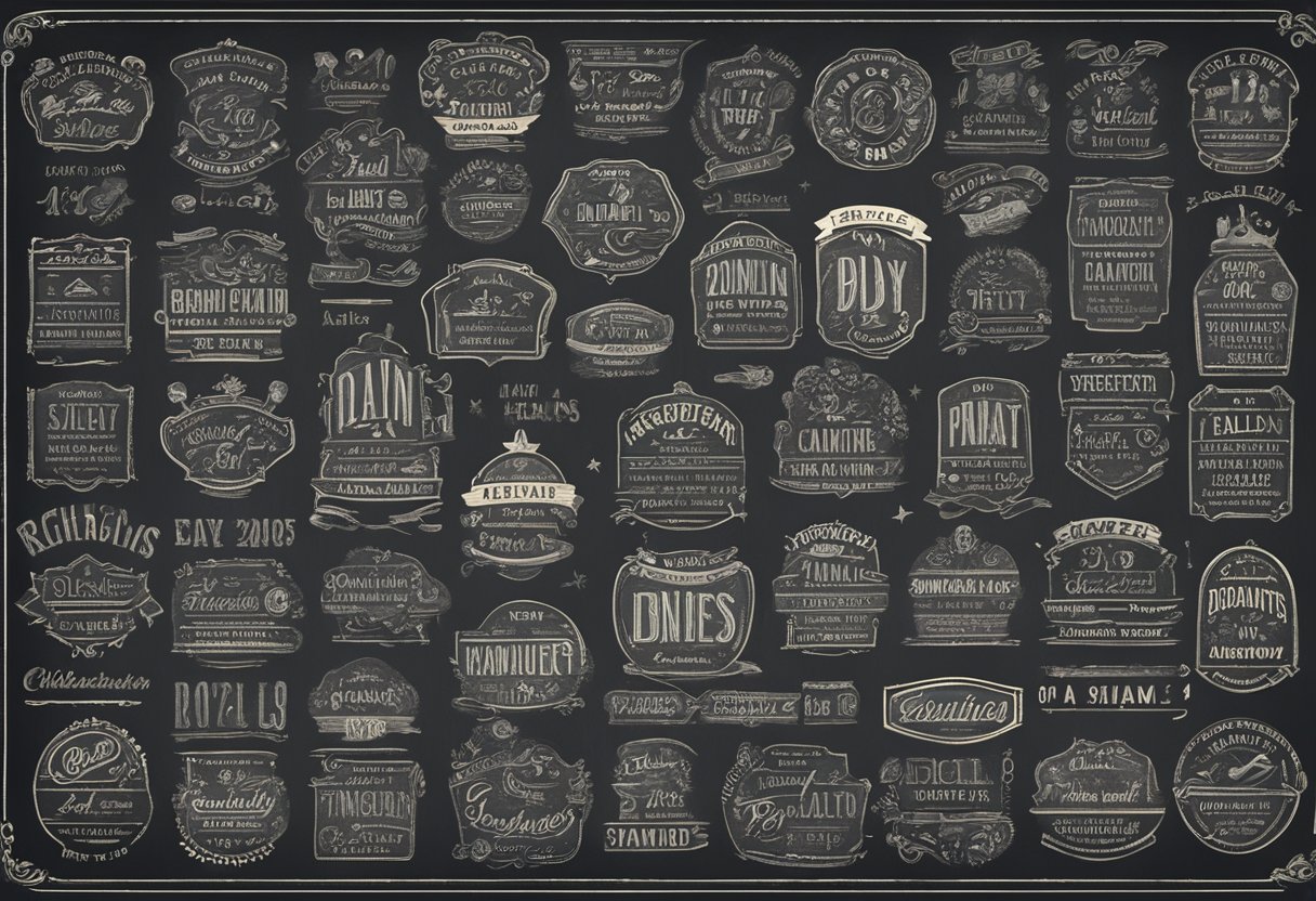 A collection of unique and underused baby boy names displayed on a vintage-inspired chalkboard surrounded by colorful and playful illustrations