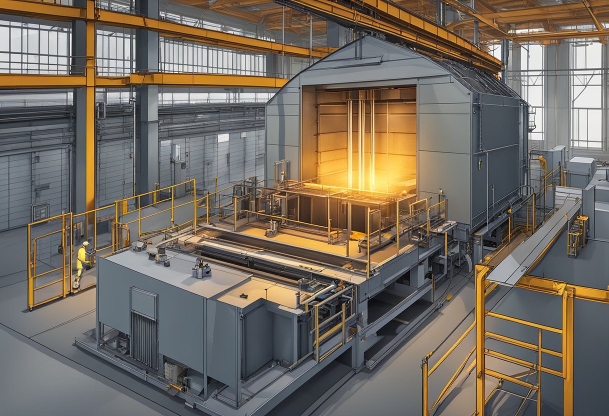 A trolley type furnace is being assembled by workers in a factory setting, with metal components being welded and installed into the structure