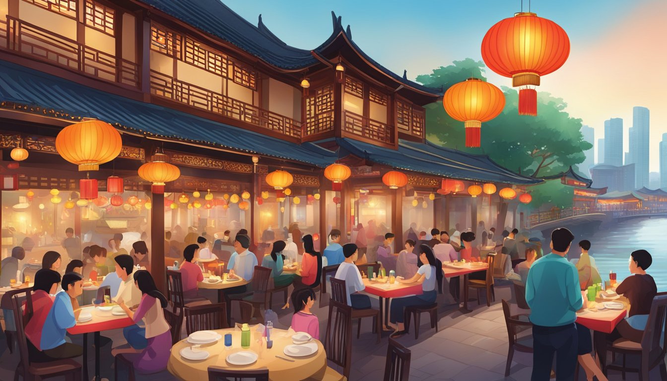 Vibrant Clarke Quay Chinese restaurant with colorful lanterns, bustling tables, and a river view