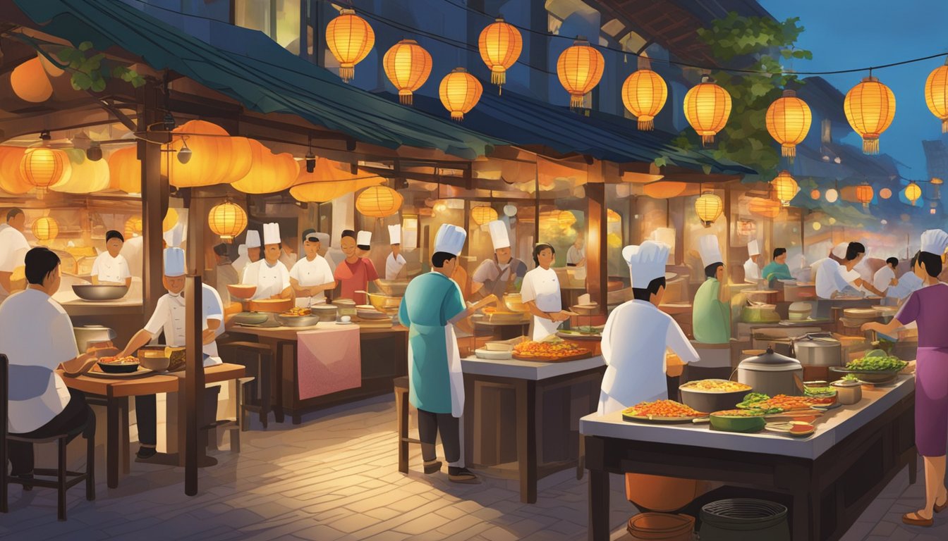 Colorful lanterns illuminate bustling Clarke Quay. Steam rises from sizzling woks as chefs prepare traditional Chinese dishes. Aromatic spices fill the air, enticing passersby to sample the culinary delights