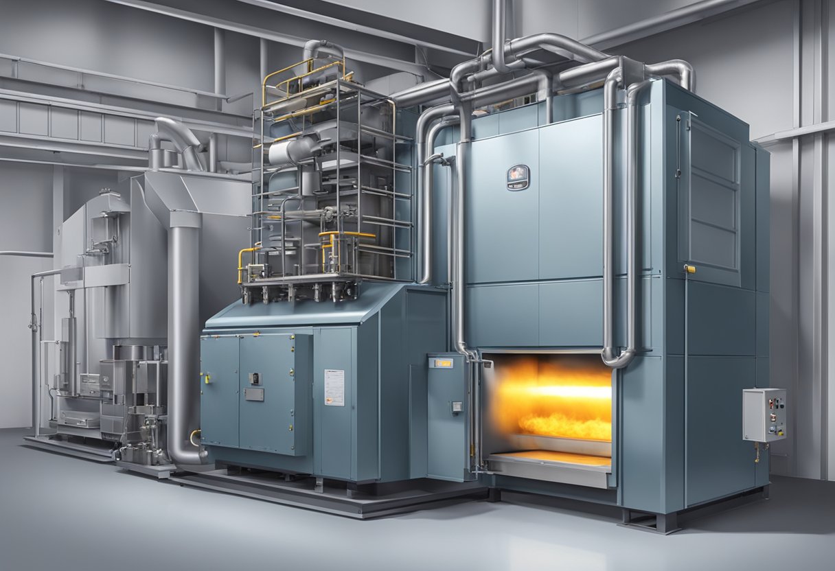 A trolley type heat treatment gas furnace in operation with glowing metal inside and heat emanating from the open furnace doors