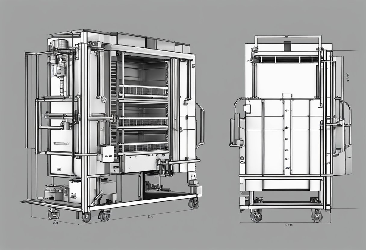 The trolley type heat treatment gas furnace features a sturdy metal frame with multiple compartments for heating and cooling. The furnace is equipped with advanced control panels and temperature gauges for precise operation