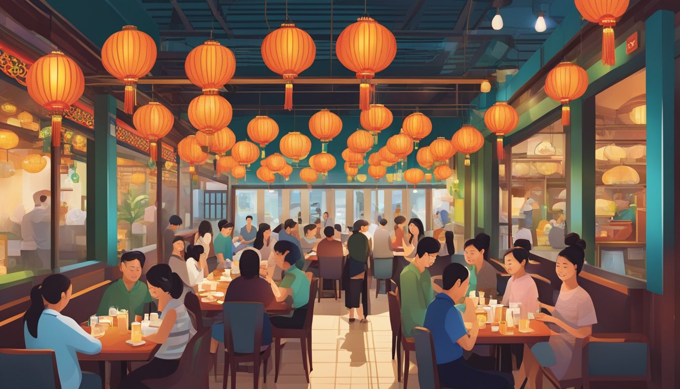 Customers and staff bustling in and out of a vibrant Chinese restaurant at Clarke Quay. Colorful lanterns and traditional decor create a lively atmosphere