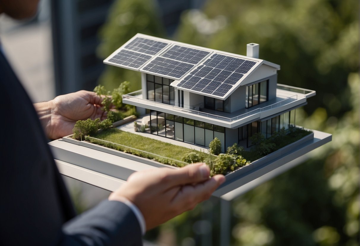 A modern, eco-friendly building with solar panels, green spaces, and efficient design. A real estate agent presents a listing to potential buyers