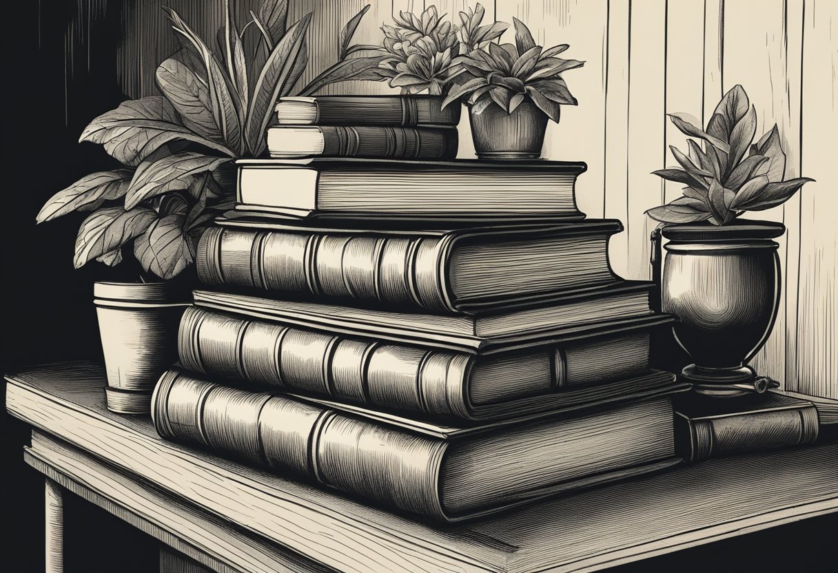 A stack of vintage books on a wooden shelf with soft lighting casting shadows, surrounded by antique trinkets and a potted plant