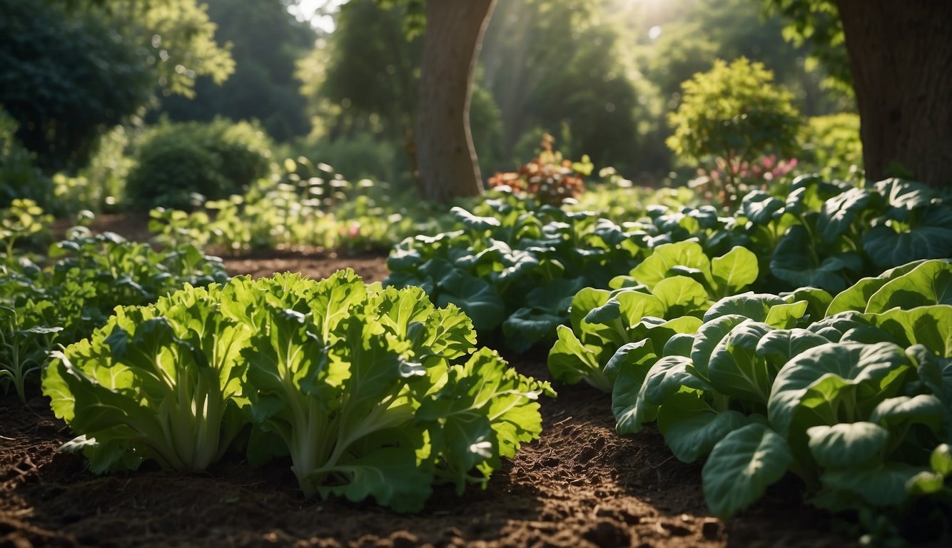 Lush garden with leafy greens and root vegetables thriving in dappled sunlight under the canopy of trees. Shade-tolerant plants like lettuce, spinach, and radishes are flourishing in the cool, shaded environment