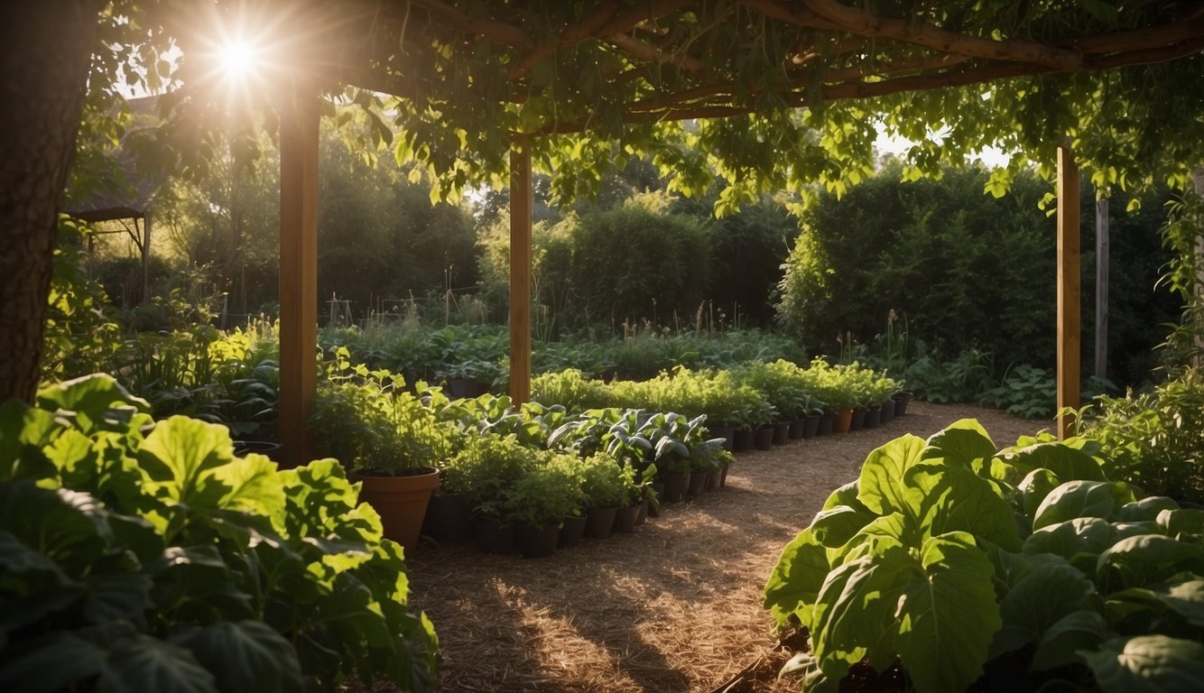 Lush garden with leafy greens, tomatoes, and herbs thriving in dappled sunlight under a canopy of trees. Rich soil and well-planned layout showcase the best vegetables for partial shade