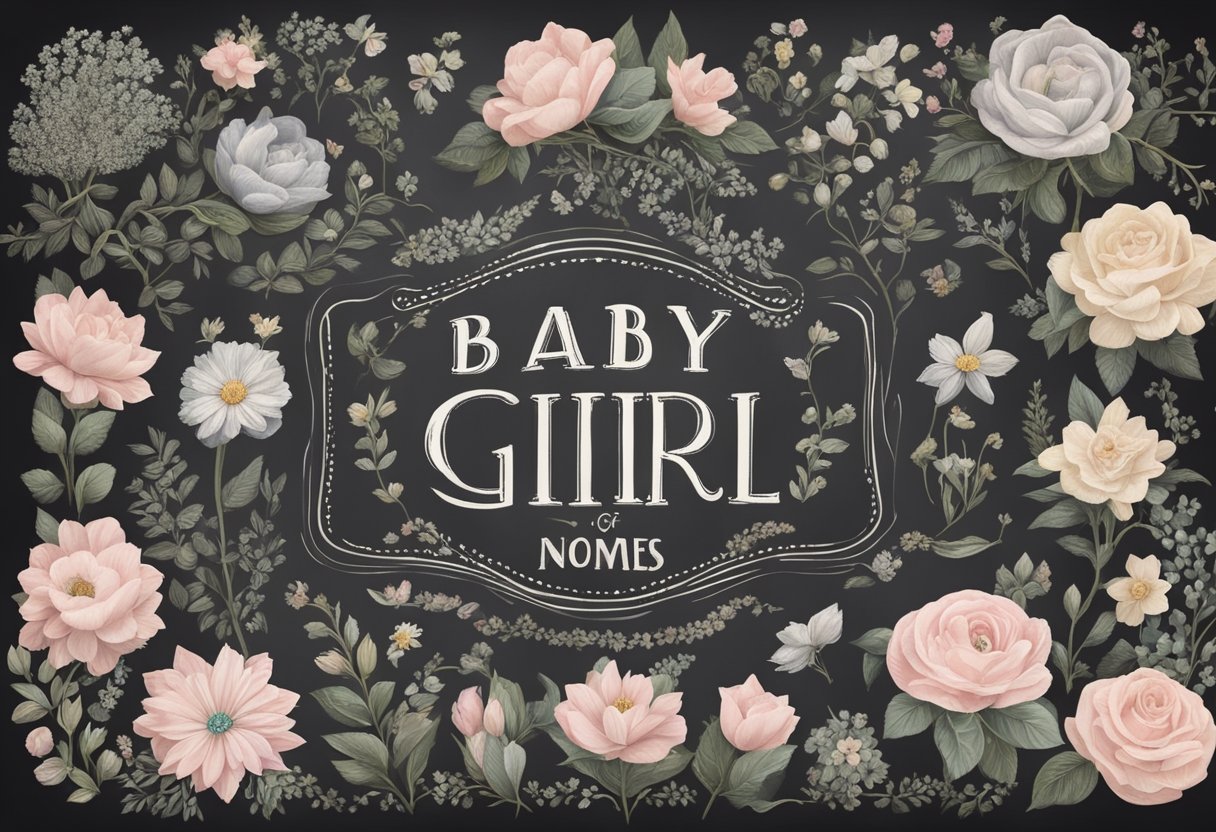 A collection of unique and underused baby girl names displayed on a vintage-inspired chalkboard, surrounded by delicate floral illustrations