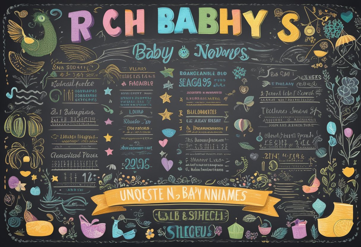 A colorful list of unique and underused baby names displayed on a vintage chalkboard with decorative lettering and surrounded by playful illustrations