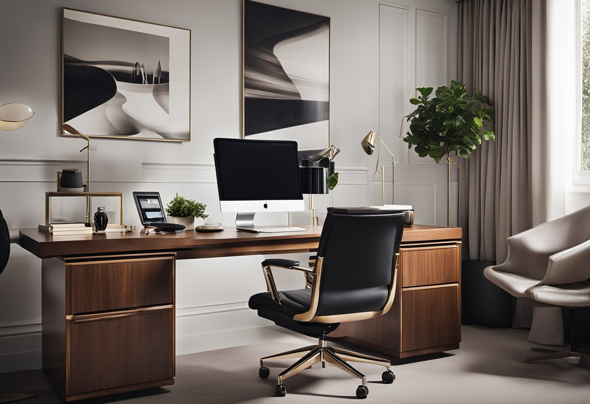 A sleek, modern home office with designer chairs arranged around a polished wooden desk. The chairs feature ergonomic designs and luxurious upholstery, creating a stylish and comfortable workspace