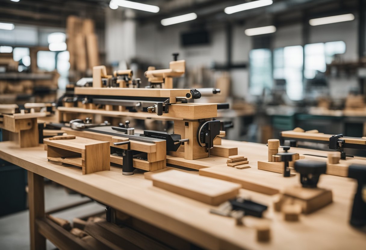 A workshop filled with precision tools, wood shavings, and expertly crafted furniture pieces, showcasing the excellence of Singapore's carpentry services