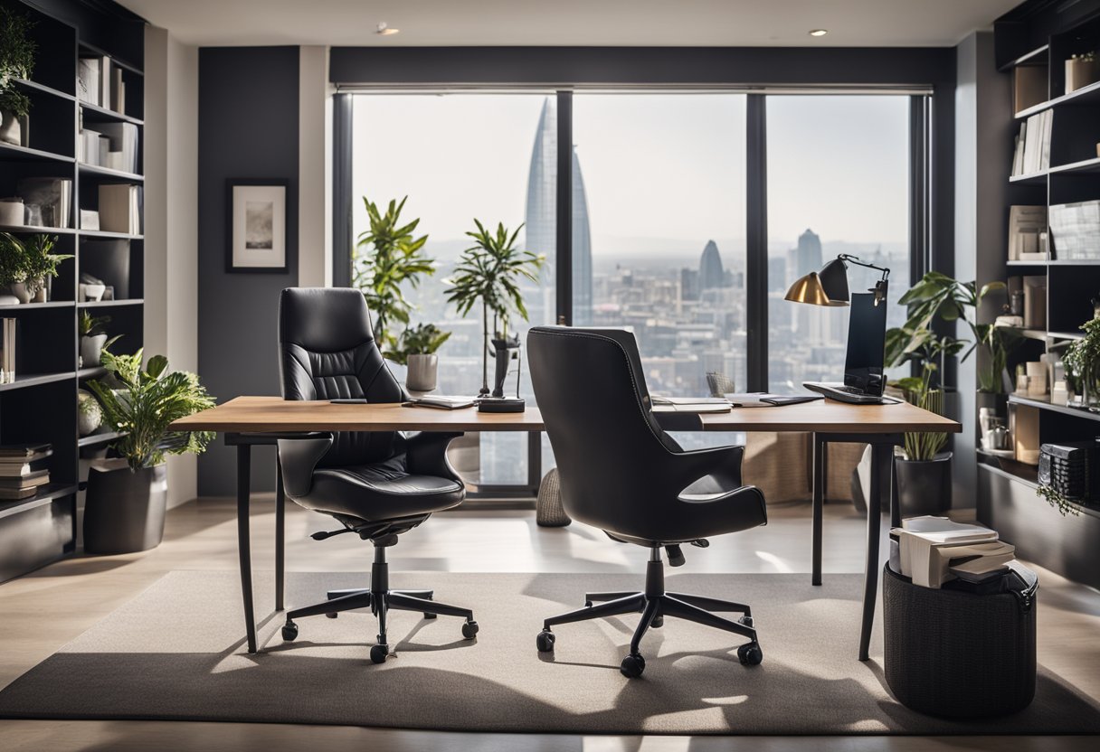 A sleek, modern home office with a designer chair featuring adjustable lumbar support, padded armrests, and a contoured seat for supreme comfort