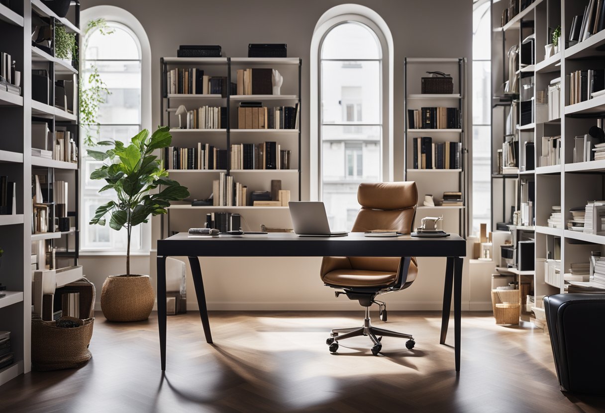 A modern home office with a sleek, ergonomic chair positioned in front of a stylish desk, surrounded by shelves of books and a large window letting in natural light