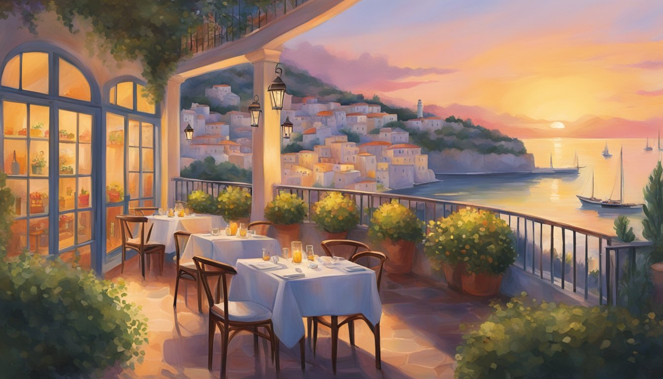The vibrant colors of the Mediterranean sea and the aroma of fresh herbs and spices fill the air at Ela's restaurant. The sun sets behind the quaint, whitewashed building, casting a warm glow over the outdoor dining area
