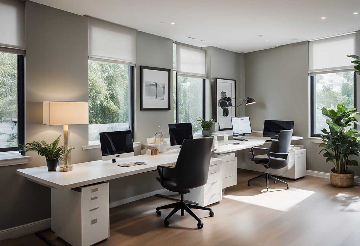 A sleek, modern home office with designer chairs arranged around a spacious desk. Bright, natural light fills the room, creating a comfortable and stylish work environment
