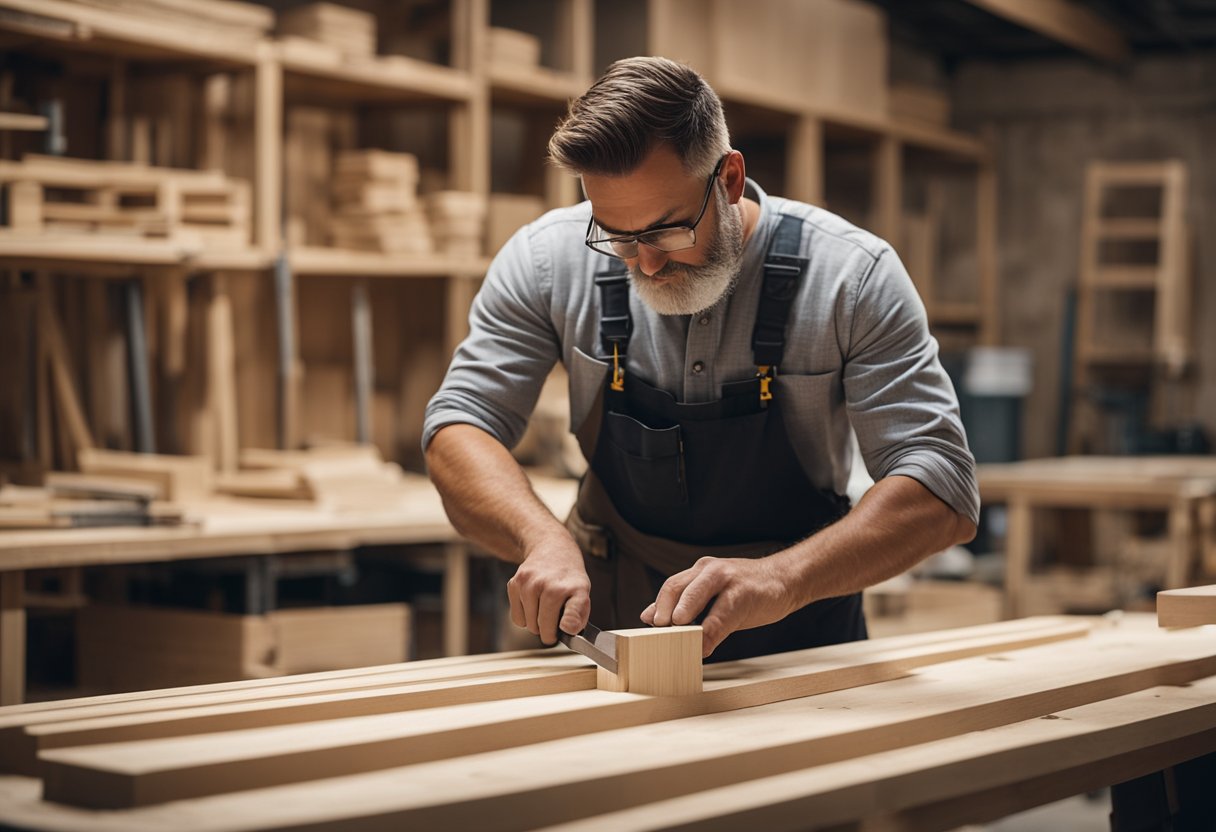 A carpenter carefully measures and cuts wood for custom-built furniture in a well-lit workshop. Sawdust fills the air as the craftsman skillfully assembles the pieces, creating a beautiful and functional addition to a living space