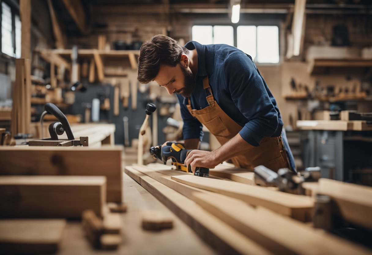 A carpenter measuring and cutting wood, surrounded by various tools and equipment in a workshop