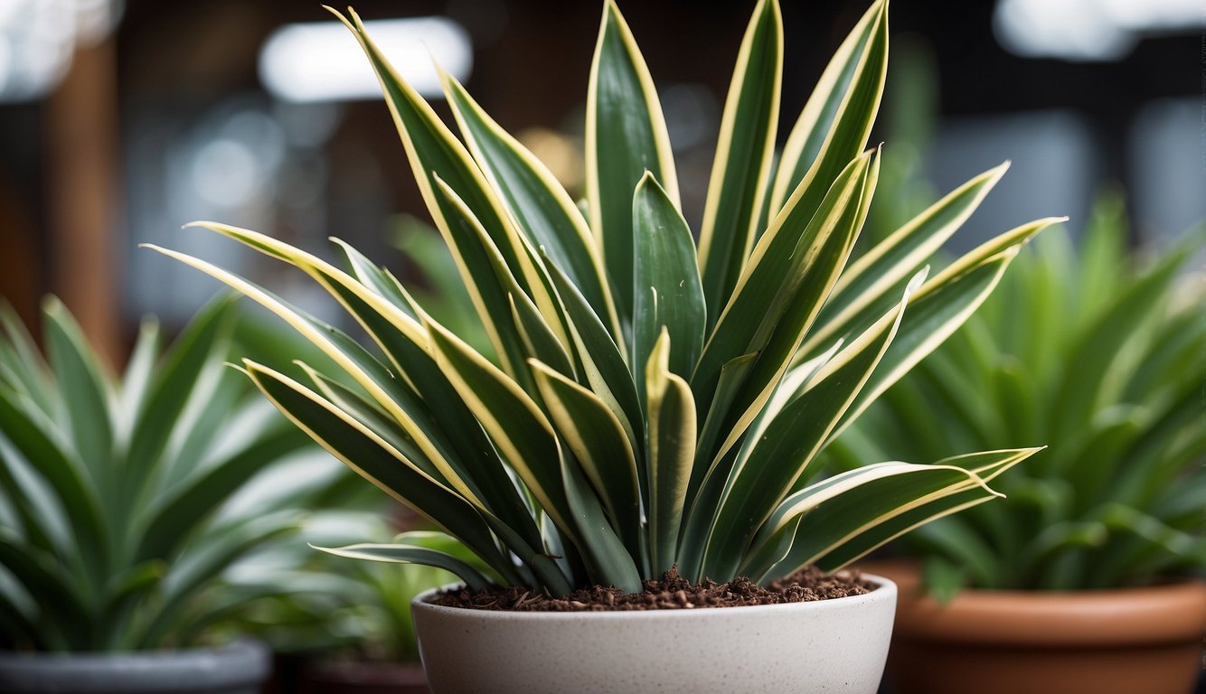 A snake plant with tall, sword-like leaves in a pot