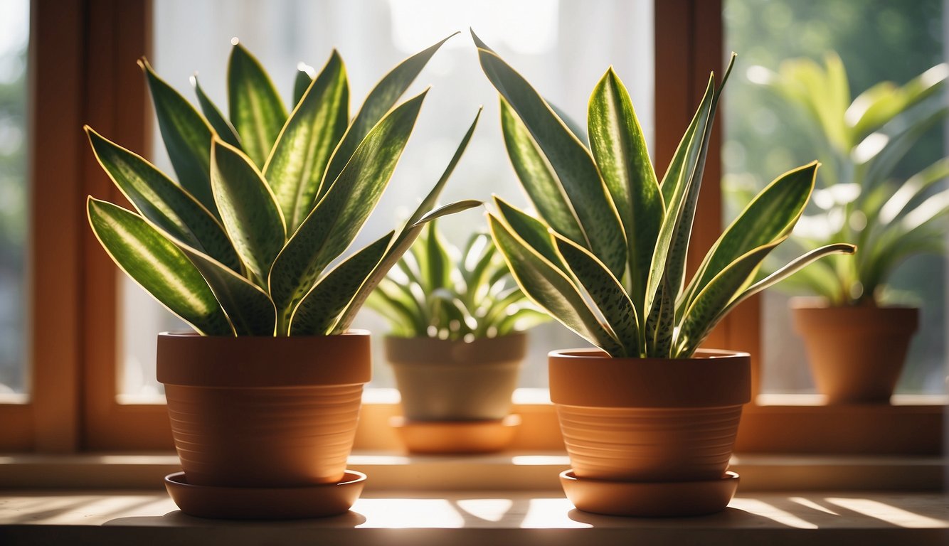 A snake plant sits in a terracotta pot, its tall, variegated leaves reaching upwards. Sunlight filters through a nearby window, casting soft shadows on the plant's sturdy, upright form