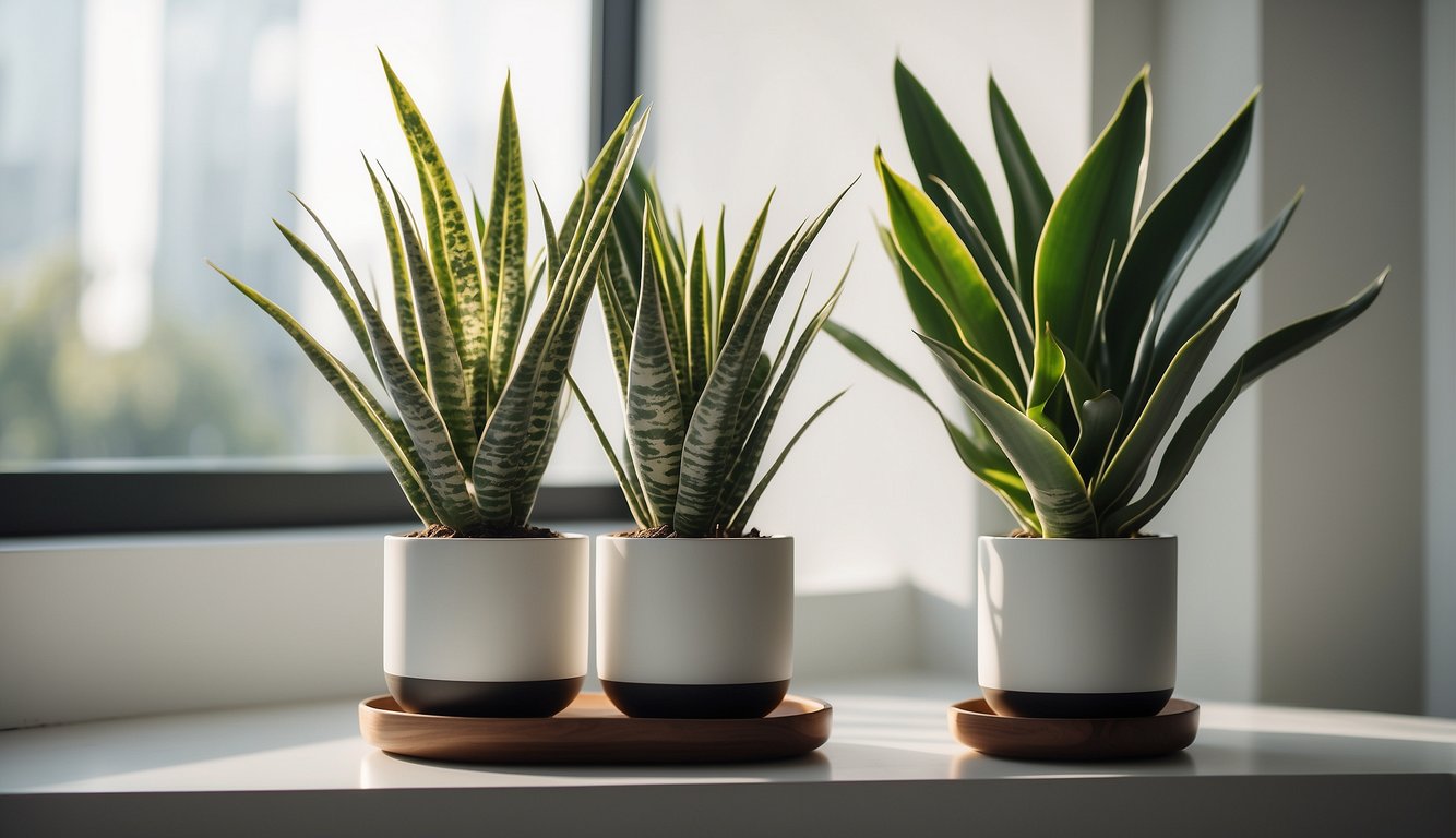A modern living room with snake plants in sleek pots on a minimalist shelf. Sunlight streams in through the window, casting shadows on the clean, white walls