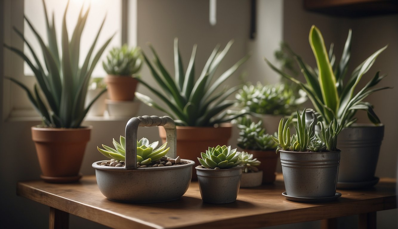 Snake plants and succulents are arranged in a well-lit room with a watering can and gloves nearby. A "Caution: Sharp" sign is visible