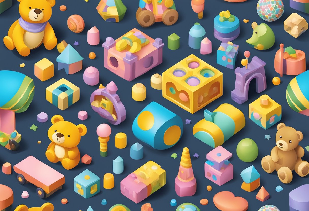 A collection of colorful, playful objects and symbols associated with babies and childhood, such as rattles, teddy bears, and building blocks, arranged in a whimsical and inviting manner