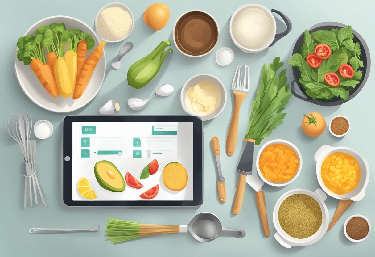 A modern kitchen with various cooking utensils and ingredients laid out on a clean countertop, with a tablet displaying a trending cooking challenge on the screen