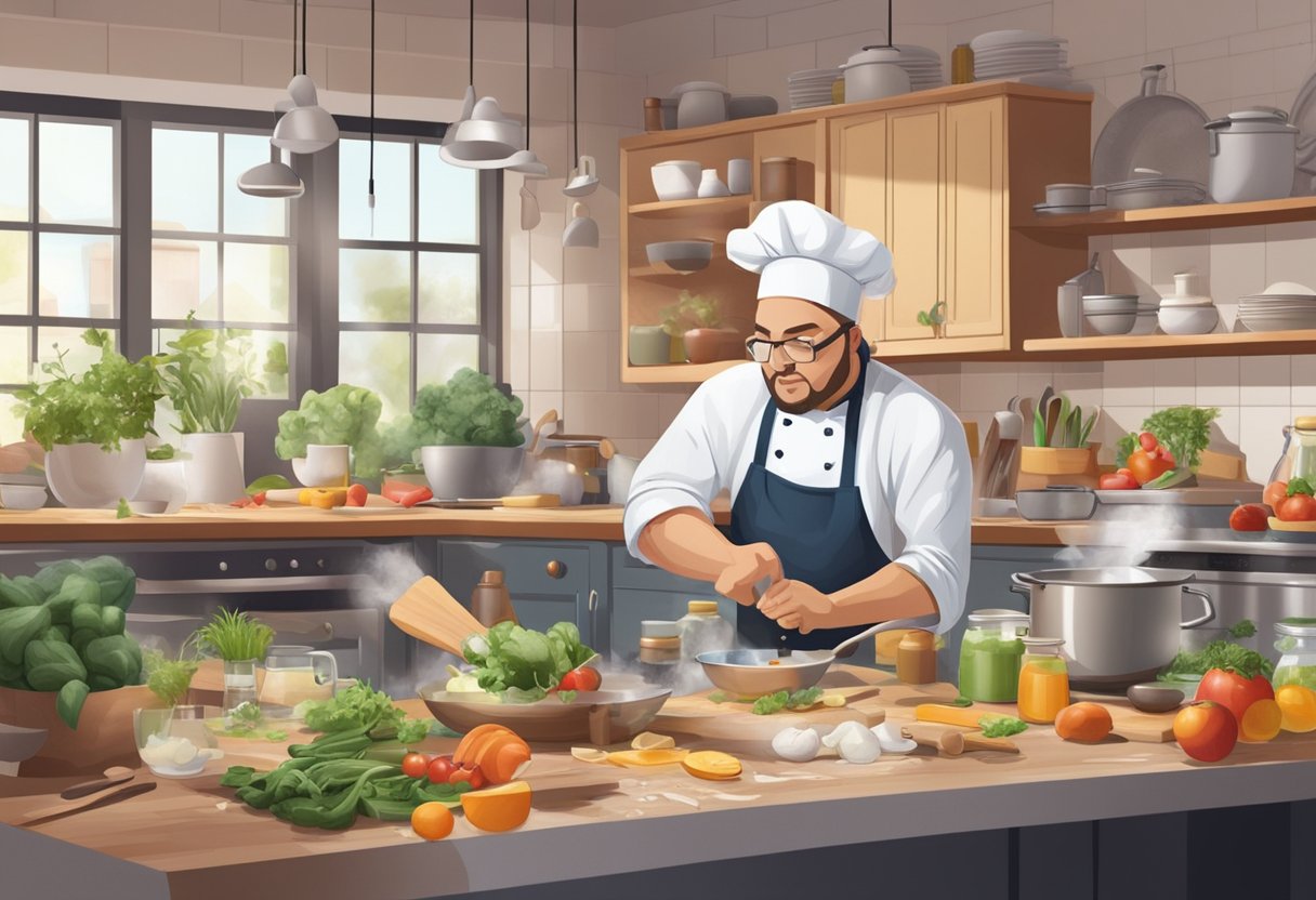 A bustling kitchen with various ingredients and utensils scattered across the countertop. A timer ticking away as a chef frantically tries to complete a cooking challenge