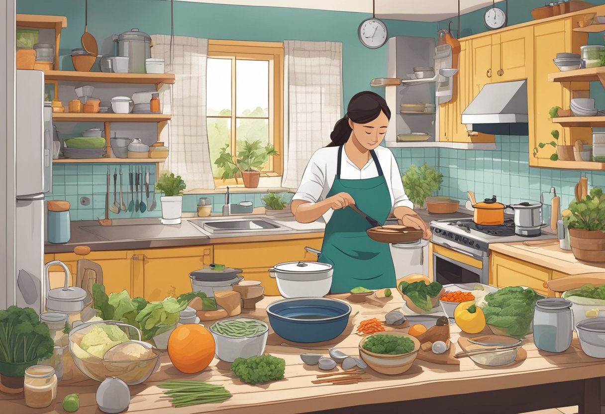 A busy kitchen with various ingredients and utensils scattered around as a person confidently takes on a cooking challenge