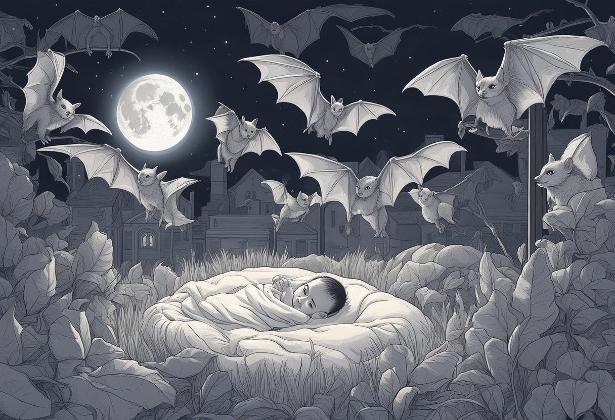 A baby named Vampire crawls among bats and moonlight