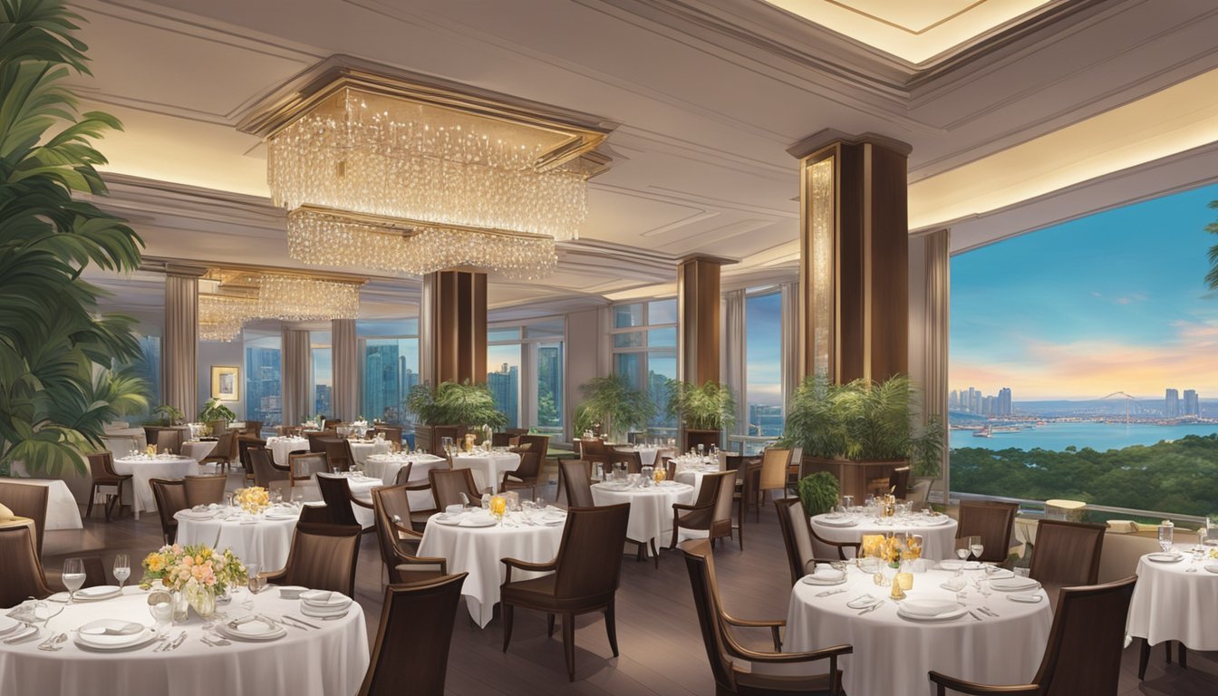 The elegant Fairmont Singapore restaurants buzz with diners enjoying gourmet meals and fine wines in a luxurious setting