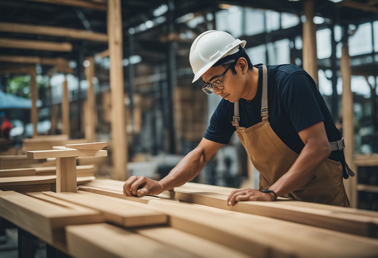 A carpenter in Singapore constructs a wooden structure with precision and skill