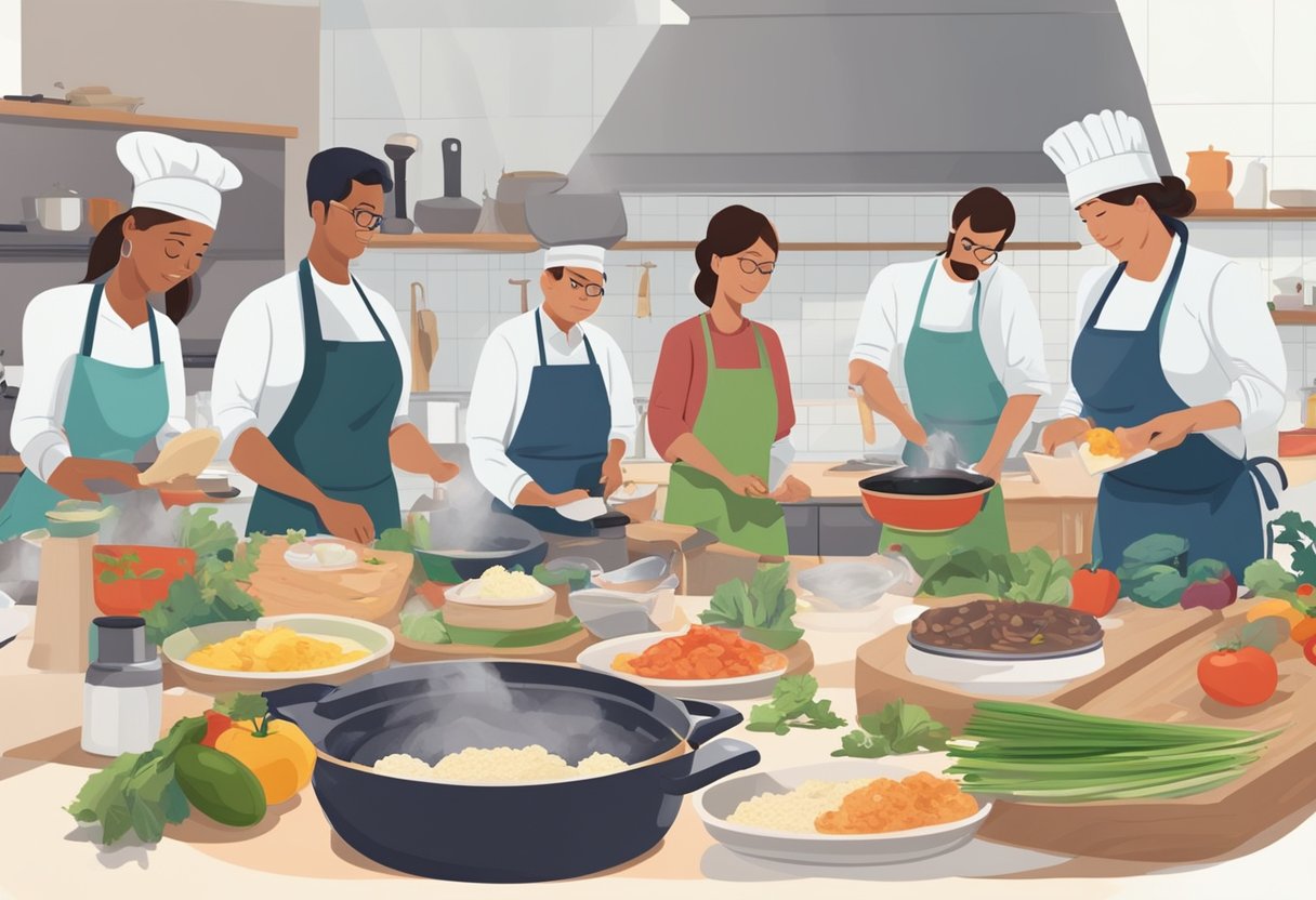 A bustling kitchen with various ingredients and cooking utensils, a timer ticking away, and a group of eager participants ready to take on a cooking challenge