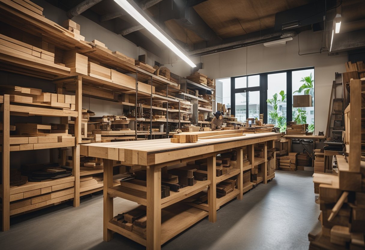 A carpentry workshop in Singapore bustling with activity - sawing, hammering, and sanding wood. Shelves lined with neatly stacked timber and tools