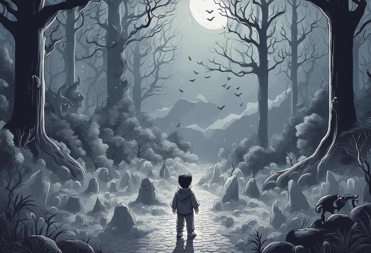 A baby vampire with the name "Good Names" standing in a moonlit forest, surrounded by bats and mist