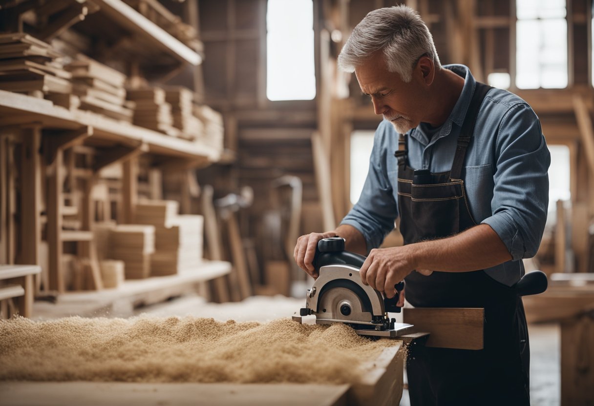 A carpenter skillfully crafts custom woodwork, transforming a space with precision and expertise. Sawdust fills the air as the carpenter hones their craft, creating beautiful and functional pieces