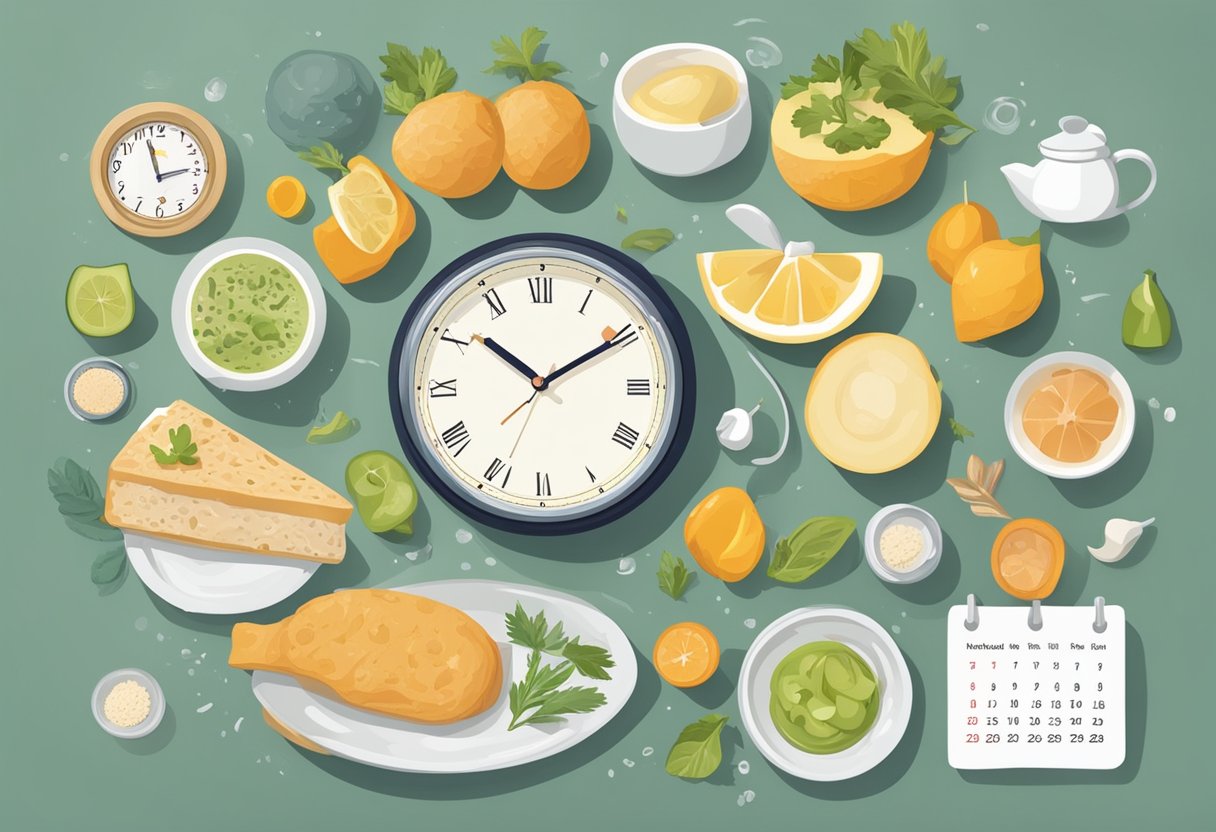 A clock showing 6 pm, a kitchen with ingredients laid out, and a calendar with a circle around the date