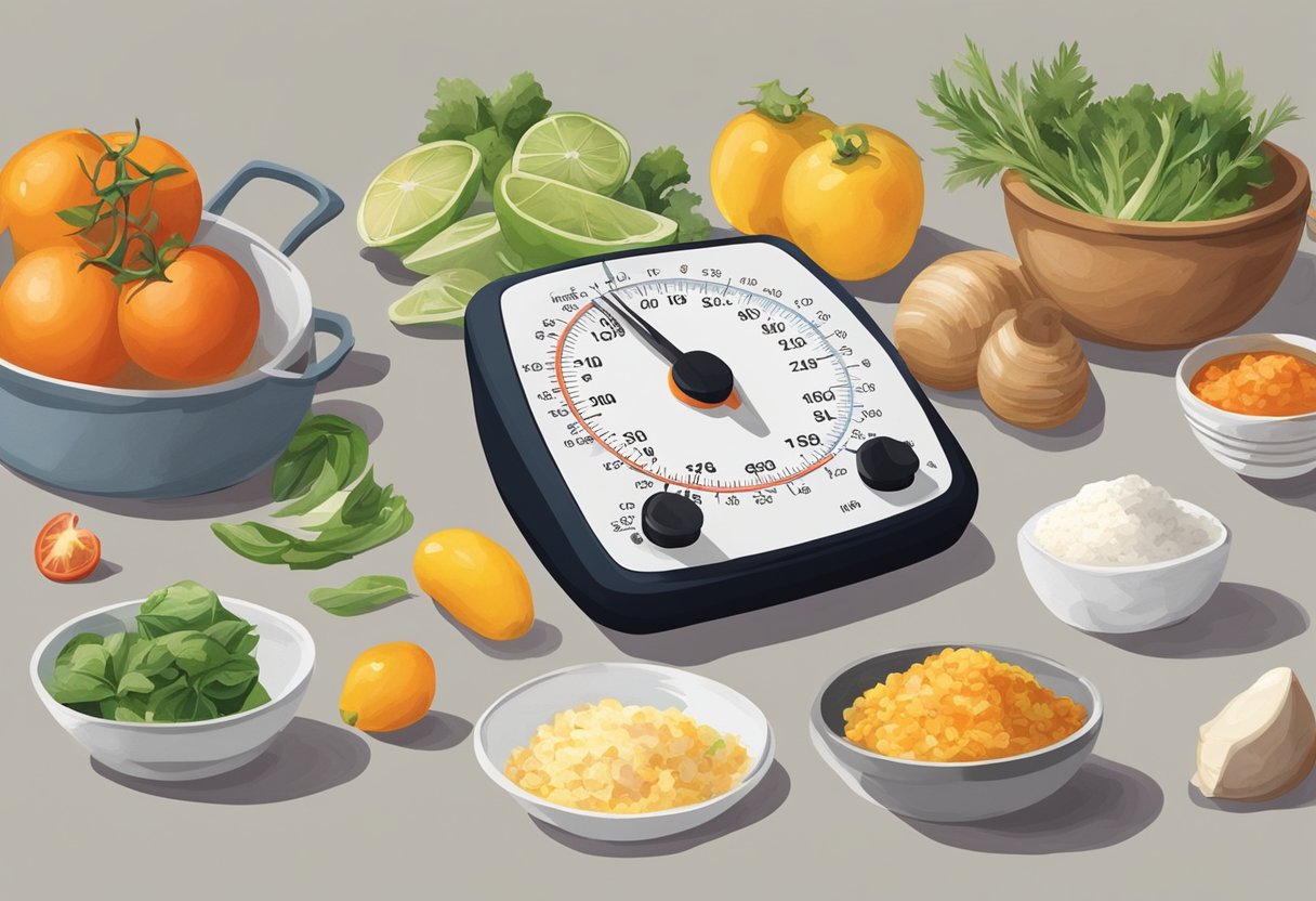 A kitchen timer set to 30 minutes, a variety of fresh ingredients laid out on a clean countertop, and a cookbook open to a challenging recipe