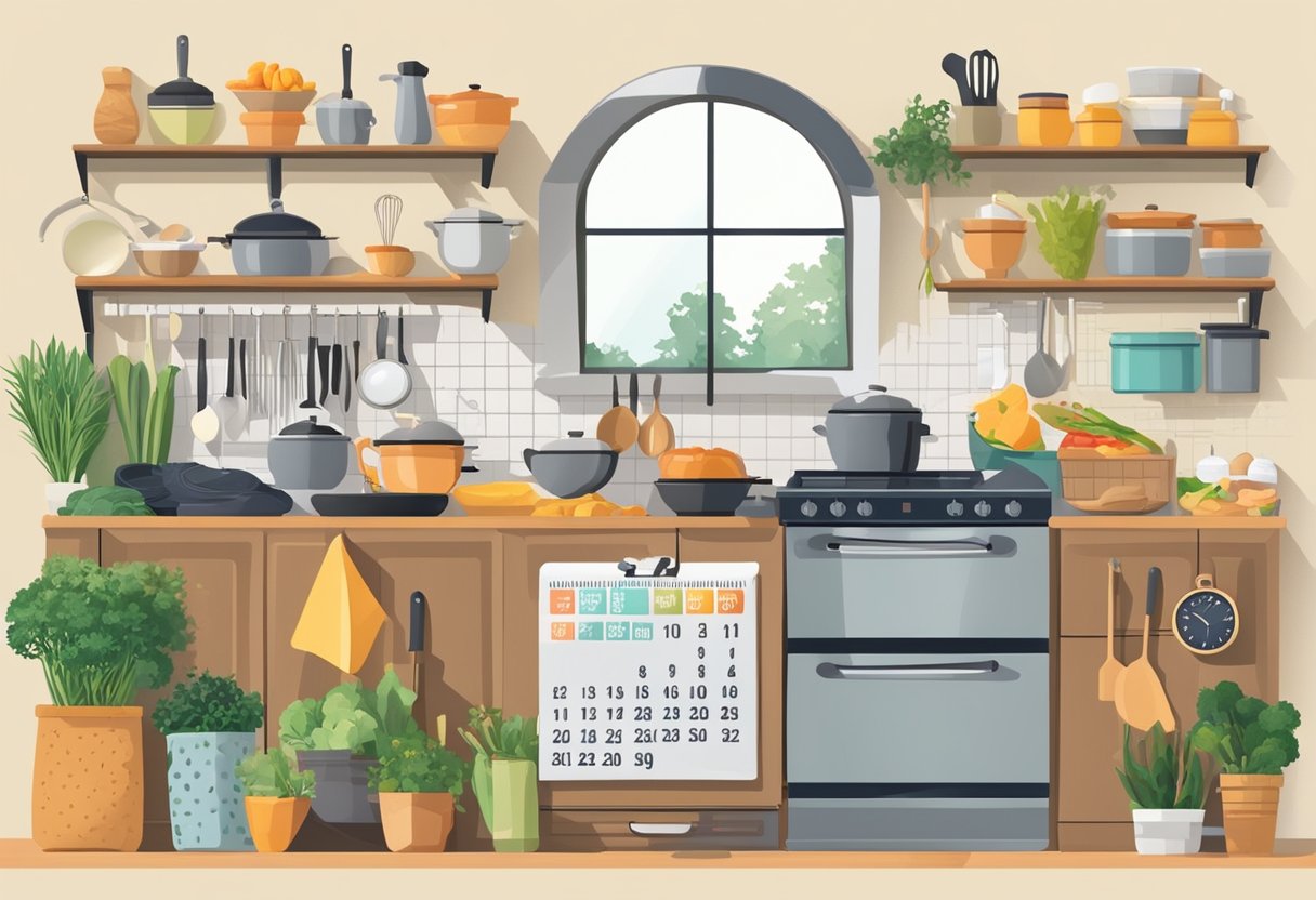 A bustling kitchen with various ingredients and utensils laid out, a clock on the wall showing a specific time, and a calendar with highlighted dates for upcoming cooking challenges