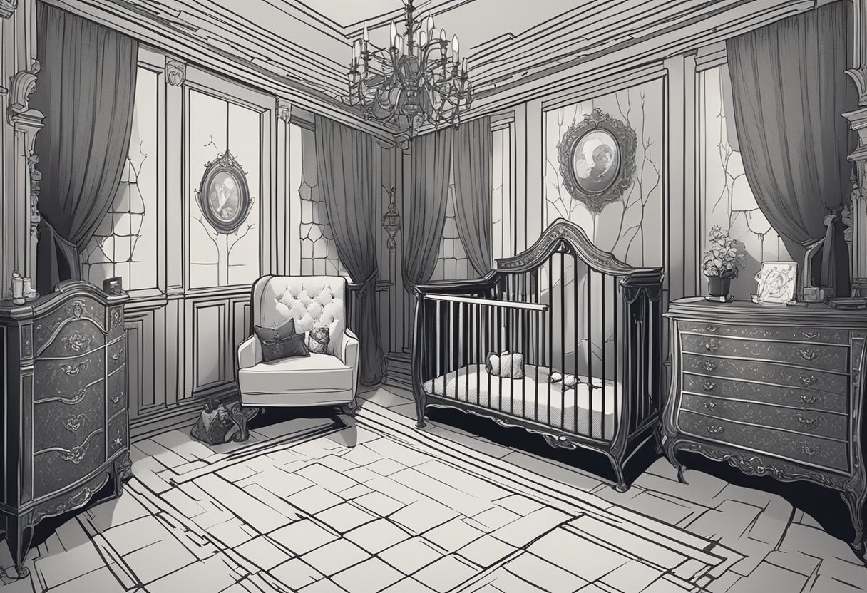 A vampire nursery with dark, gothic decor and baby names written in elegant script on the walls
