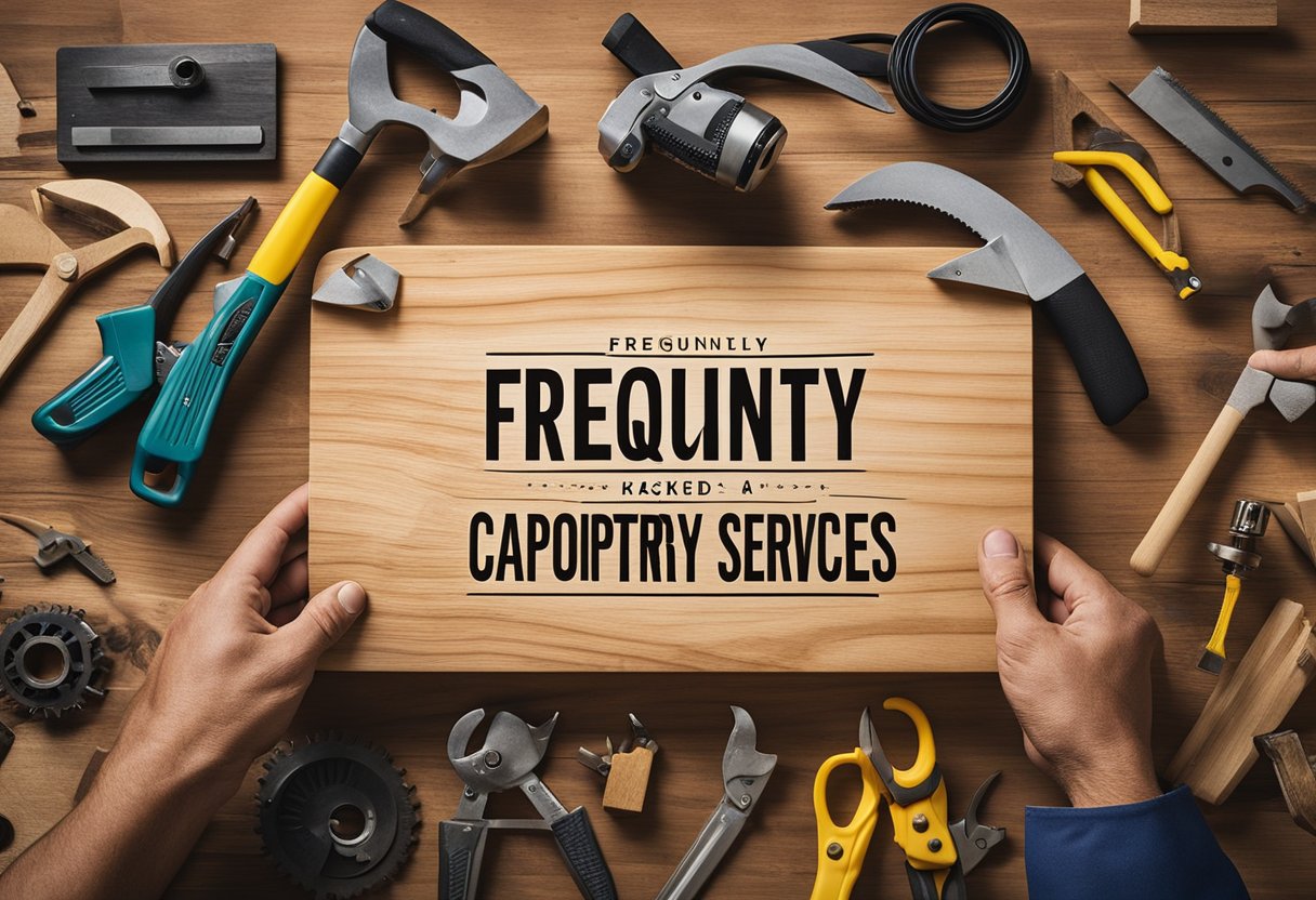 A carpenter at work in Singapore, surrounded by tools and materials, with a sign reading "Frequently Asked Questions about Direct Carpentry Services" displayed prominently