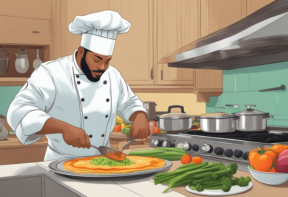 A chef expertly chops vegetables, simmers a sauce, and flips a pancake, showcasing essential cooking techniques