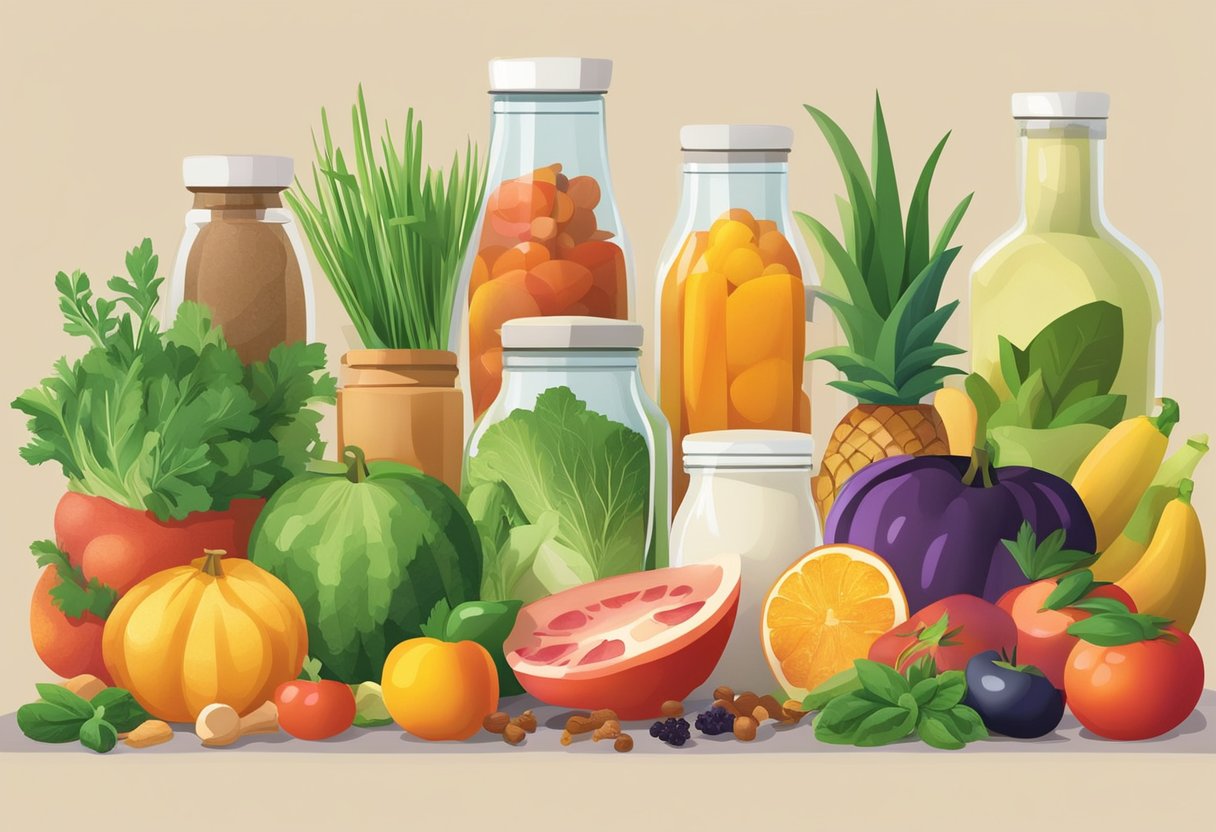 A colorful array of fresh ingredients arranged on a clean, organized kitchen counter. A variety of fruits, vegetables, herbs, and spices are neatly displayed, ready to be used in a culinary masterpiece