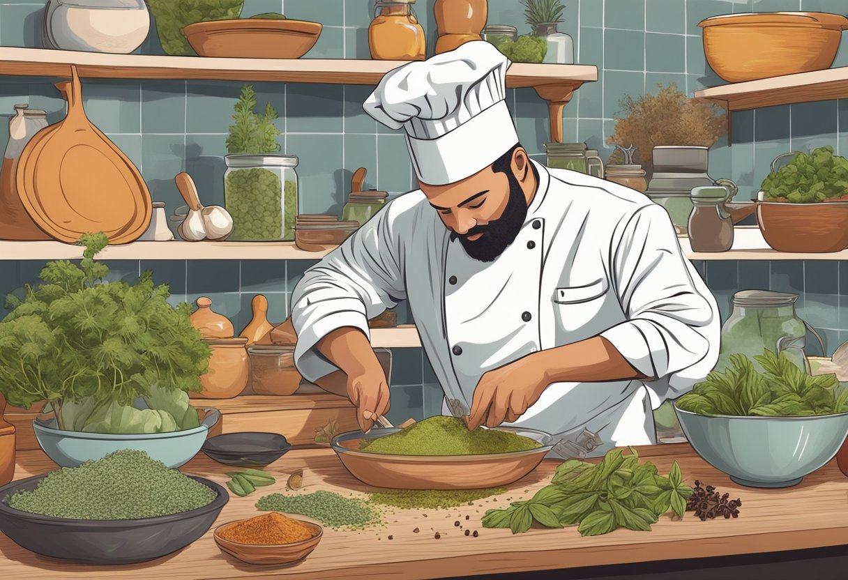 A chef confidently adjusts ingredients, adding a unique twist to a traditional recipe. Various spices and herbs are scattered across the kitchen counter