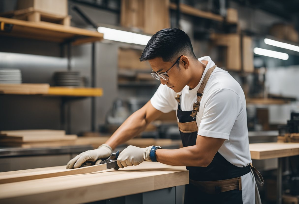 A carpenter in Singapore is skillfully crafting a custom kitchen cabinet with precision and attention to detail. The workshop is filled with the sound of sawing and the smell of freshly cut wood